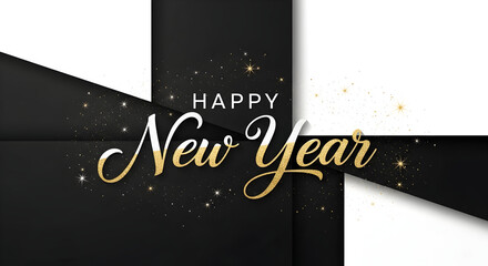 Happy new year greeting card template with elegant gold glitter typography on a modern black and white geometric background design.