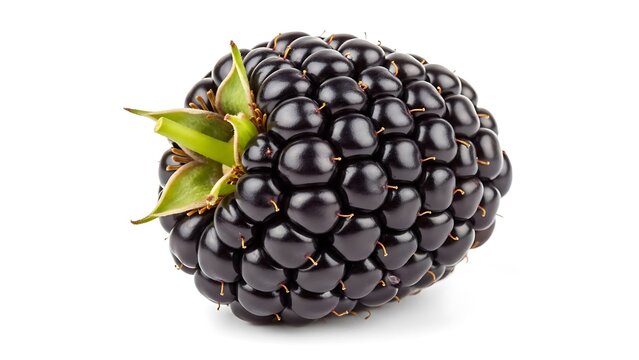 Exquisite Macro of a Single Ripe Blackberry with Lustrous Drupelets Isolated on White.