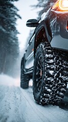 closeup of car wheels, SUV driving in the snow, winter tires, off-road 