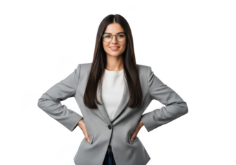 Professional businesswoman wearing a gray blazer and glasses posing confidently with hands on hips isolated on transparent background
