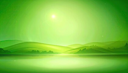 Serene Green Landscape with Rolling Hills and Reflecting Water Under Sunlight.