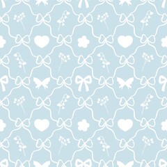 Fototapeta premium A cute pastel coquette seamless pattern featuring soft ribbons, bows, hearts, and delicate decorative elements. Perfect for gift wrapping, scrapbook paper, stationery design, textile prints, and girly