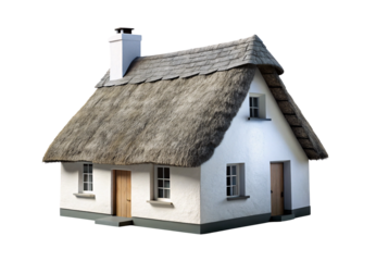 Traditional Irish thatched roof cottage with white walls and rustic architectural details, isolated on a transparent background