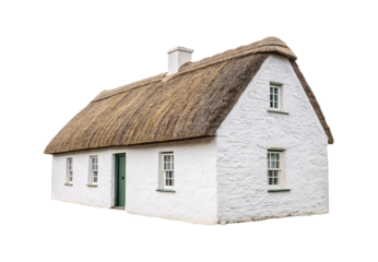 Traditional Irish thatched roof cottage with white walls and rustic architectural details, isolated on a transparent background