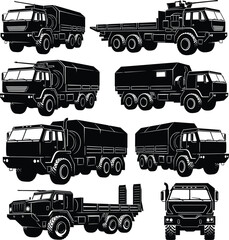 Army Logistics Vehicle Silhouette Set | Black Military Truck Vector Collection on White Background