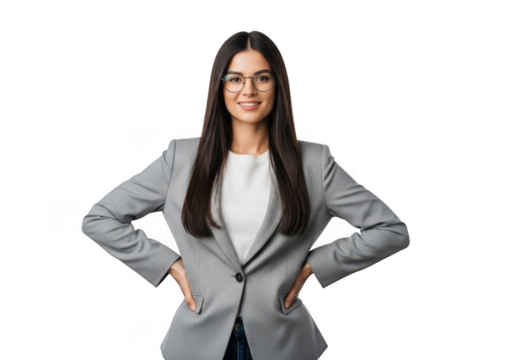 Professional businesswoman wearing a gray blazer and glasses posing confidently with hands on hips isolated on transparent background