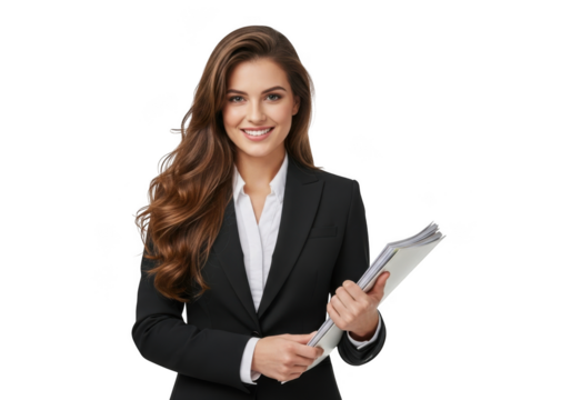 Professional woman in business attire holding a folder smiling confidently isolated on transparent background