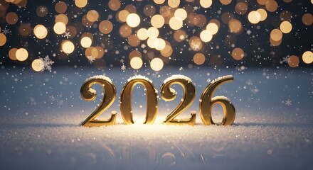 Golden 2026 numerals glowing in soft snow with bokeh lights background