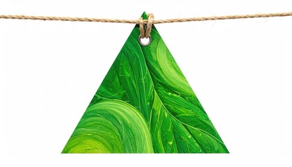 Green triangular tag with abstract organic leaf pattern hanging on twine string.