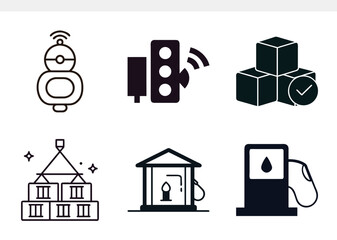 A set of modern vector icons illustrating smart technology, logistics, and energy infrastructure, featuring smart devices, traffic lights, shipping containers, and fuel stations