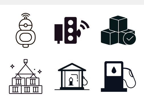 A set of modern vector icons illustrating smart technology, logistics, and energy infrastructure, featuring smart devices, traffic lights, shipping containers, and fuel stations