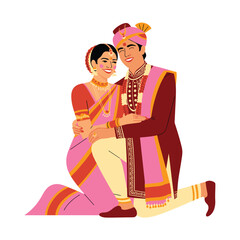Romantic Indian Wedding Couple in Traditional Attire – Kneeling Pose Vector Illustration