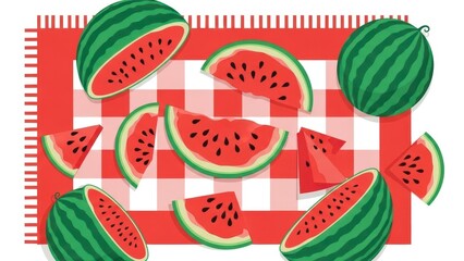 Fresh Sliced Watermelon Pieces on a Red and White Gingham Picnic Blanket.