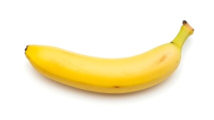A Single Perfectly Curved Yellow Banana with Subtle Ripening Spots Isolated on White.
