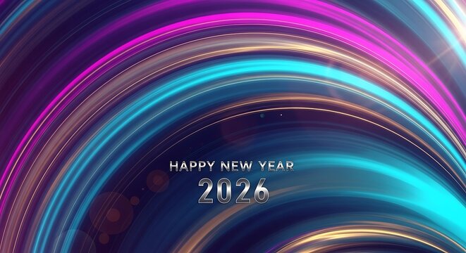 Abstract neon light trails swirling around happy new year 2026 text - Powered by Adobe