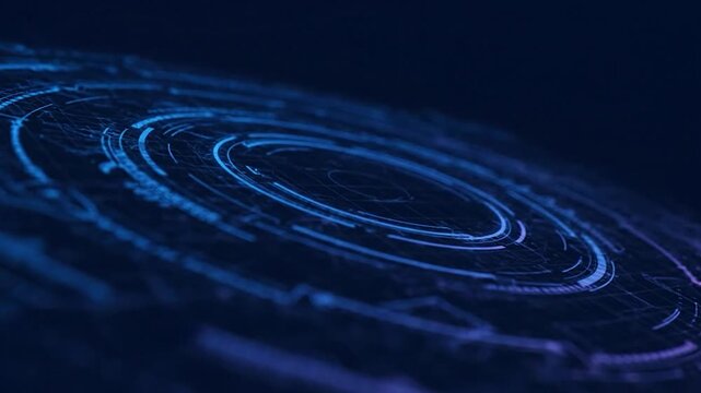 A futuristic digital interface featuring concentric circles and interconnected lines, with a blue gradient
