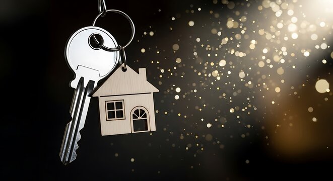Close up of a house key with a small house charm on a dark background with bokeh lights