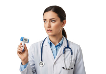 Young female medical professional wearing a white lab coat and stethoscope holding a digital thermometer isolated on transparent background