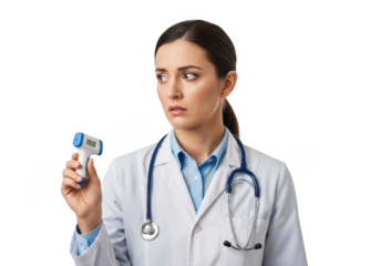 Young female medical professional wearing a white lab coat and stethoscope holding a digital thermometer isolated on transparent background