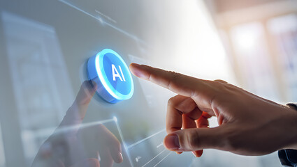 Close up of a human finger pressing a glowing blue ai button on a futuristic digital interface screen with bright light