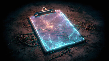 A glowing clipboard on a textured ground, its vibrant illumination stands out. The clip board contains glowing light energy.
