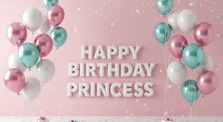 Pink and teal balloons adorn a pastel pink background with happy birthday princess message