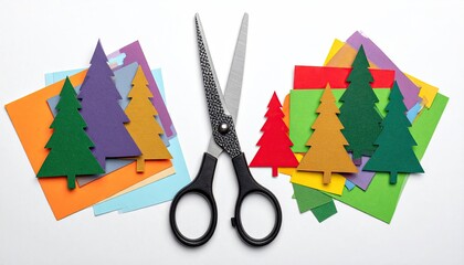 Colorful paper Christmas trees cutouts and scissors for DIY holiday crafts.
