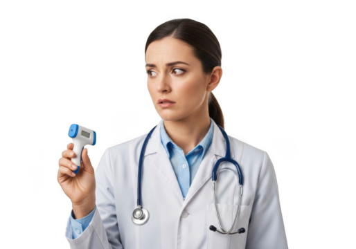 Young female medical professional wearing a white lab coat and stethoscope holding a digital thermometer isolated on transparent background - Powered by Adobe