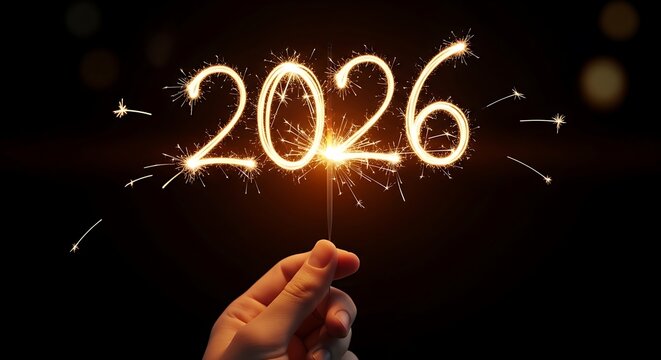 Sparkling number 2026 written in the dark with a hand holding a sparkler
