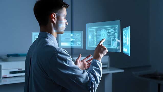 Scientist or engineer interacting with futuristic holographic displays showing complex data and schematics in a modern laboratory setting