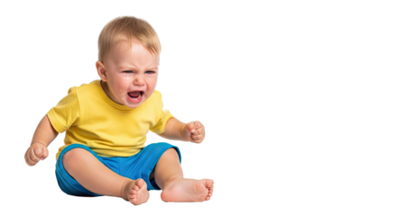 A young child in a yellow shirt and blue shorts is sitting on the floor with their fists clenched, appearing to be angry or upset.