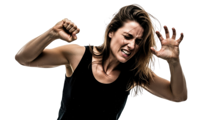 A woman with long hair, wearing a black tank top, is screaming and clenching her fists in anger.
