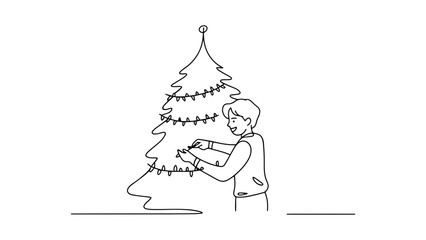 A person decorating a christmas tree with string lights outline drawing