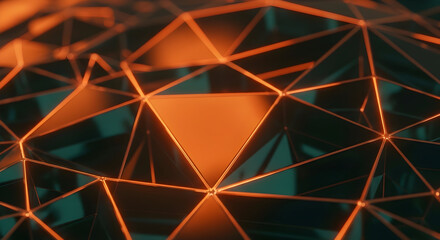 Abstract geometric network with glowing orange lines and deep teal facets, representing data connection and digital technology.