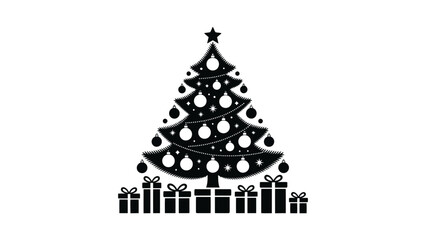 Silhouette christmas tree with ornaments and gifts on a white background