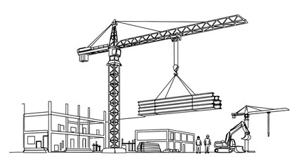 Line drawing of construction site with cranes and building framework