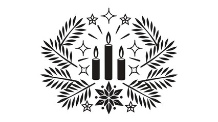 Black and white illustration of candles with stars and floral wreath