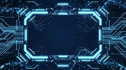 A glowing futuristic circuit board design with digital particles. Dark blue backdrop - Powered by Adobe