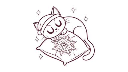 Cartoon white cat sleeping on a red pillow with a christmas santa hat