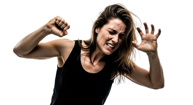 A woman with long hair, wearing a black tank top, is screaming and clenching her fists in anger.