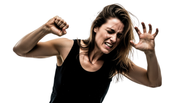 A woman with long hair, wearing a black tank top, is screaming and clenching her fists in anger. - Powered by Adobe