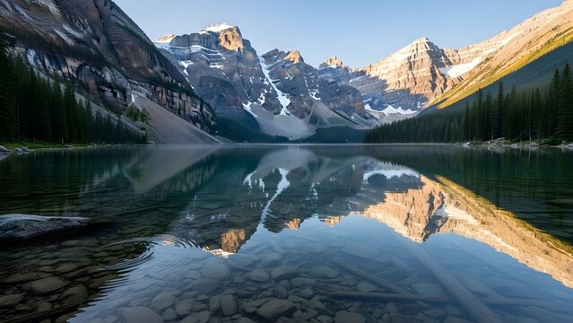 Moraine lake and rocky mountains reflection at sunrise in Alberta - Powered by Adobe