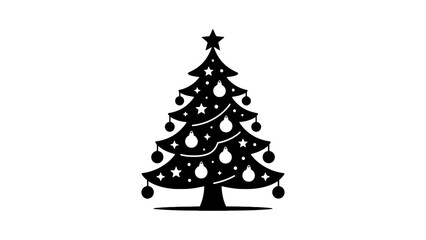 A black christmas tree with ornaments and star on a white background