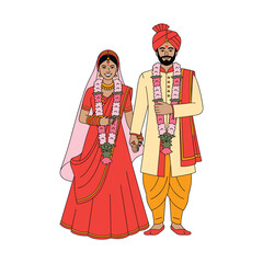 Traditional Indian Wedding Couple with Floral Garlands &ndash; Vector Illustration