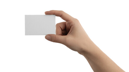 Hand holding blank business card for mockups, promotions, or presentations with professional appeal