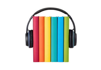 Colorful books with headphones creating audiobook concept, rainbow spine collection for listening, isolated on a transparent background
