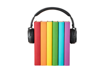 Rainbow colored books with black headphones draped over them, audio literature arrangement, isolated on a transparent background