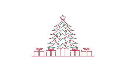 Christmas tree with star and gifts in outline style on white background