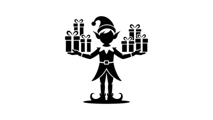 Black silhouette of elf holding presents on both hands vector art