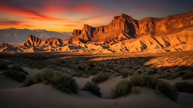 Dramatic sunrise paints the desert landscape in warm hues - Powered by Adobe